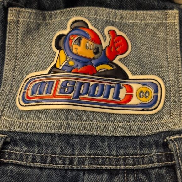 Disney Mickey Mouse Vintage Blue Denim Racing Theme Overalls Size 18 Months - Picture 3 of 8